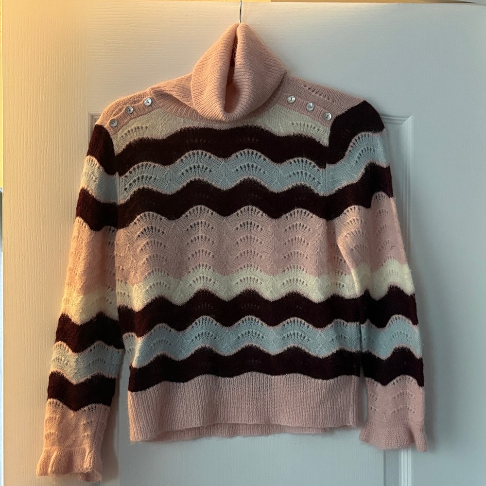 LoveShackFancy Pink & Burgundy Wave Pattern Turtleneck Sweater. EUC Alpaca/wool